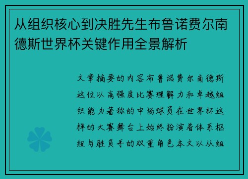 从组织核心到决胜先生布鲁诺费尔南德斯世界杯关键作用全景解析